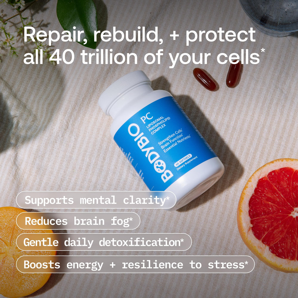 BodyBio PC bottle label showcases a clean phospholipid formulation for aging support