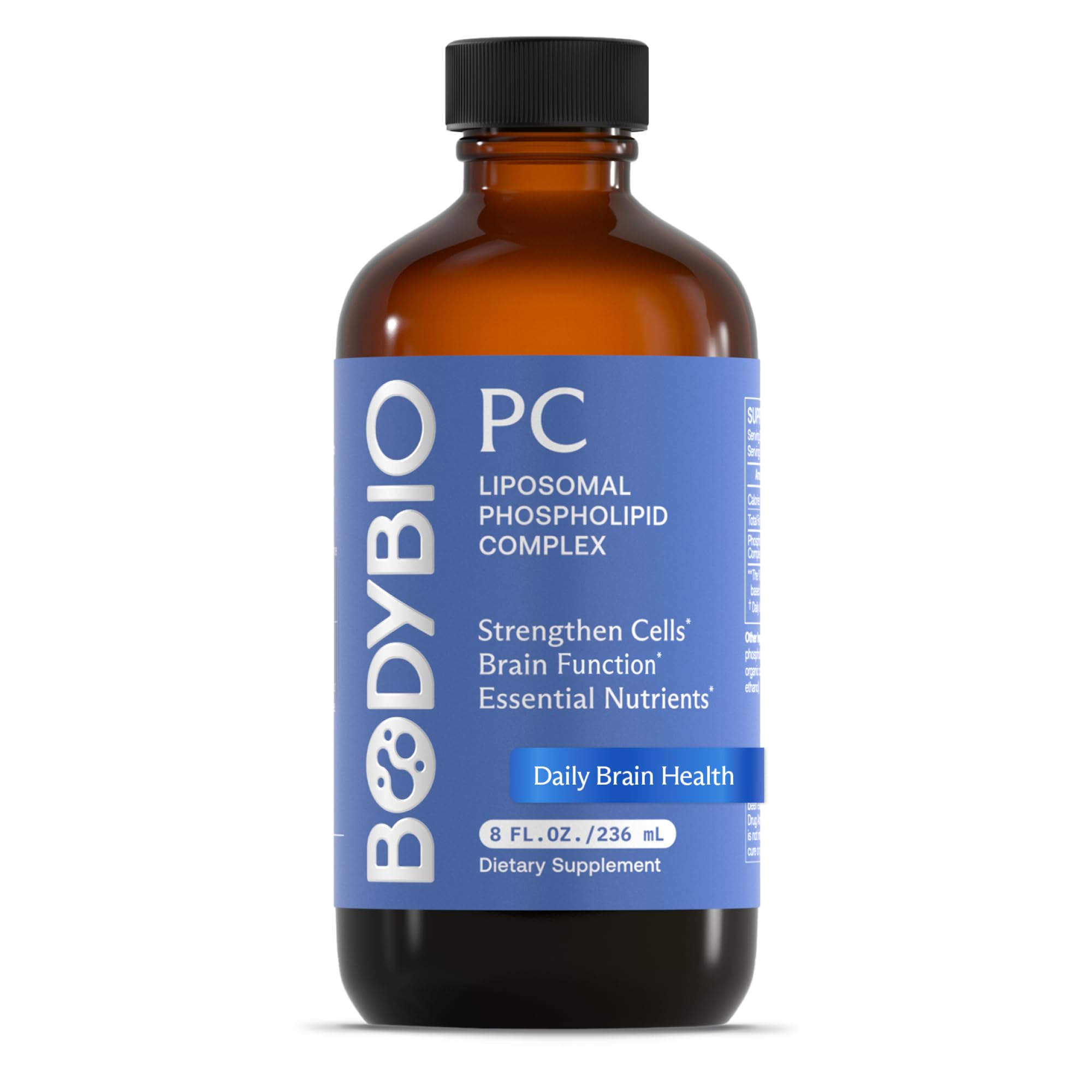 BodyBio PC bottle highlighting brain health and focus benefits.