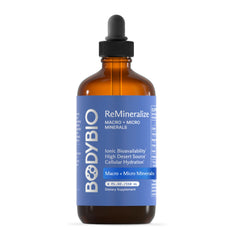 BodyBio ReMineralize bottle closeup showing mineral-rich hydration formula