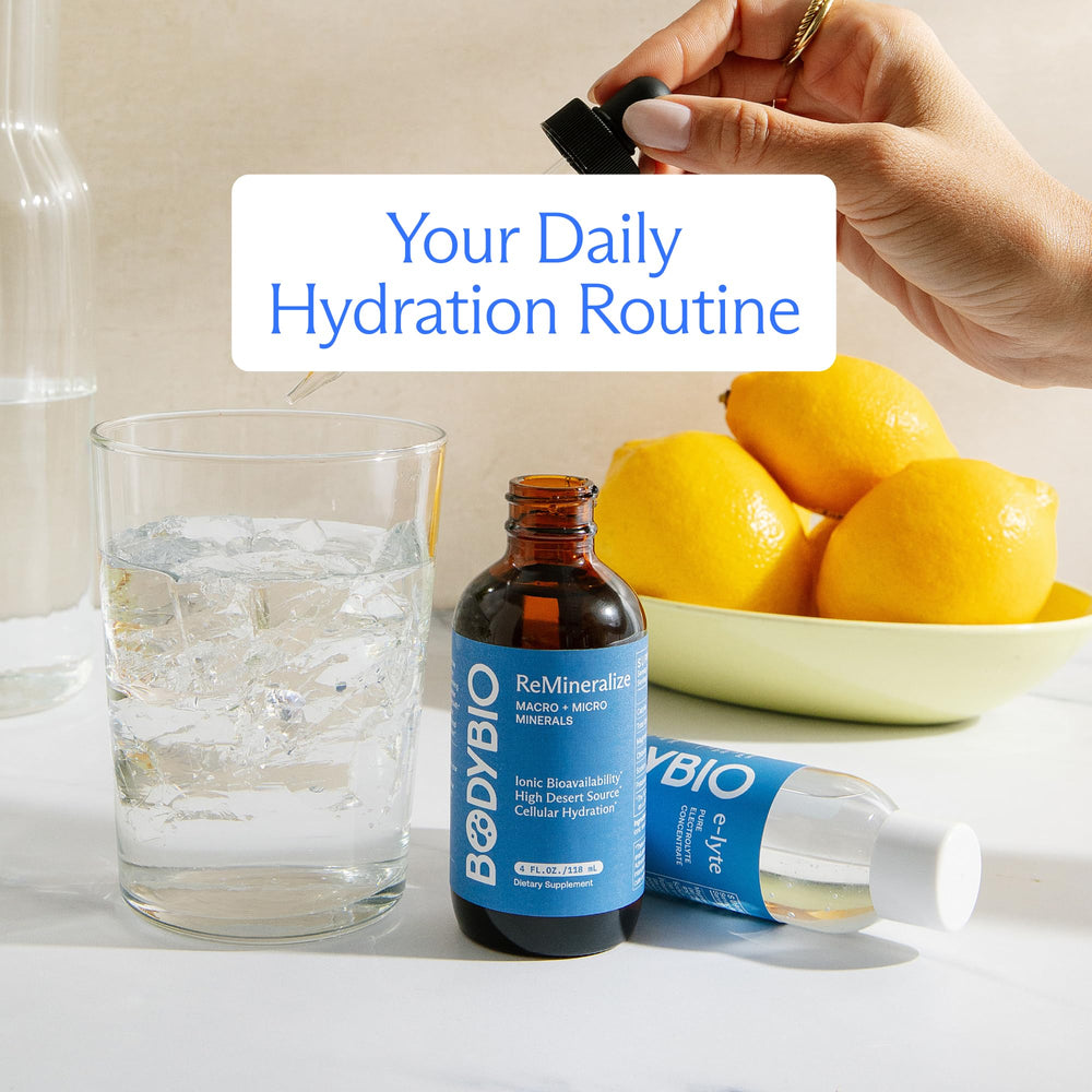 Bottle on countertop suggesting daily use of BodyBio ReMineralize