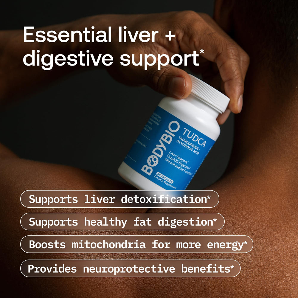 BodyBio TUDCA bottle label highlights 250 mg dosage and rigorous third-party testing.