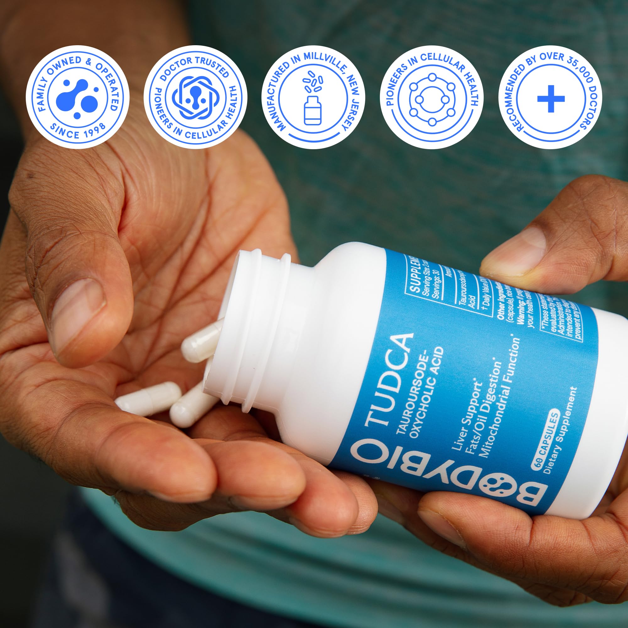 TUDCA bottle with glass of water illustrates convenient intake with meals.