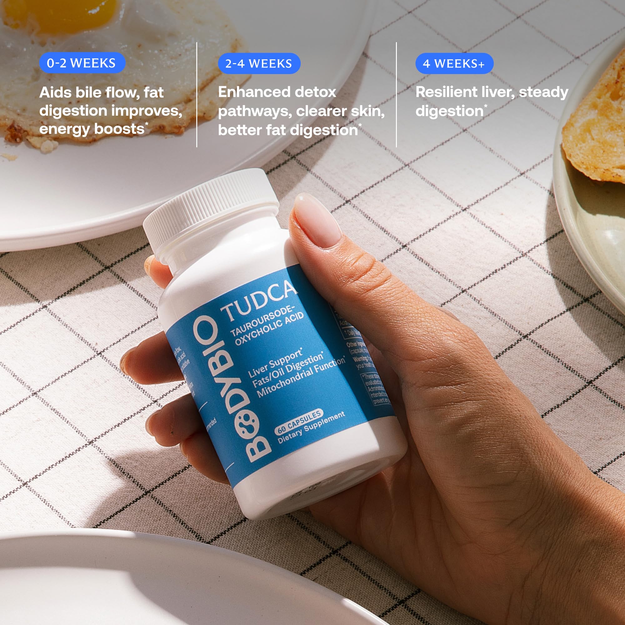 Daily dosing scene shows capsules for easy integration into mindful routines.