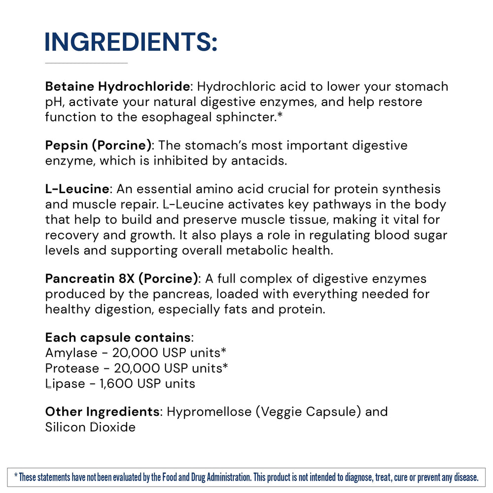 BodyHealth Digestive Enzymes ingredients panel highlights betaine and pepsin