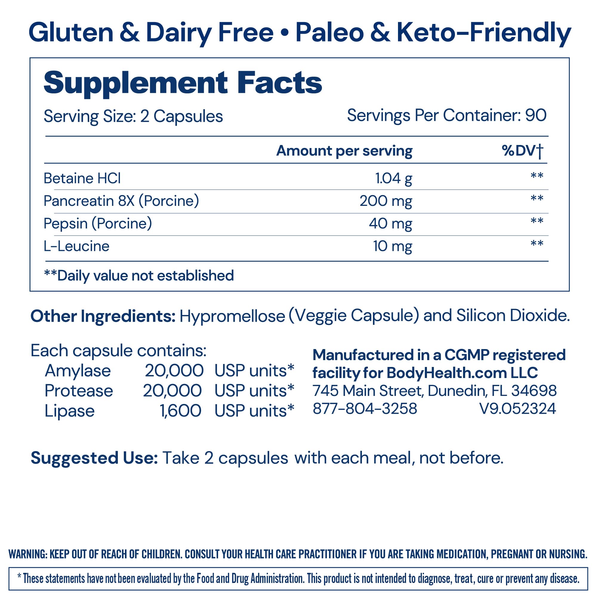 BodyHealth Digestive Enzymes label close-up highlighting key enzymes