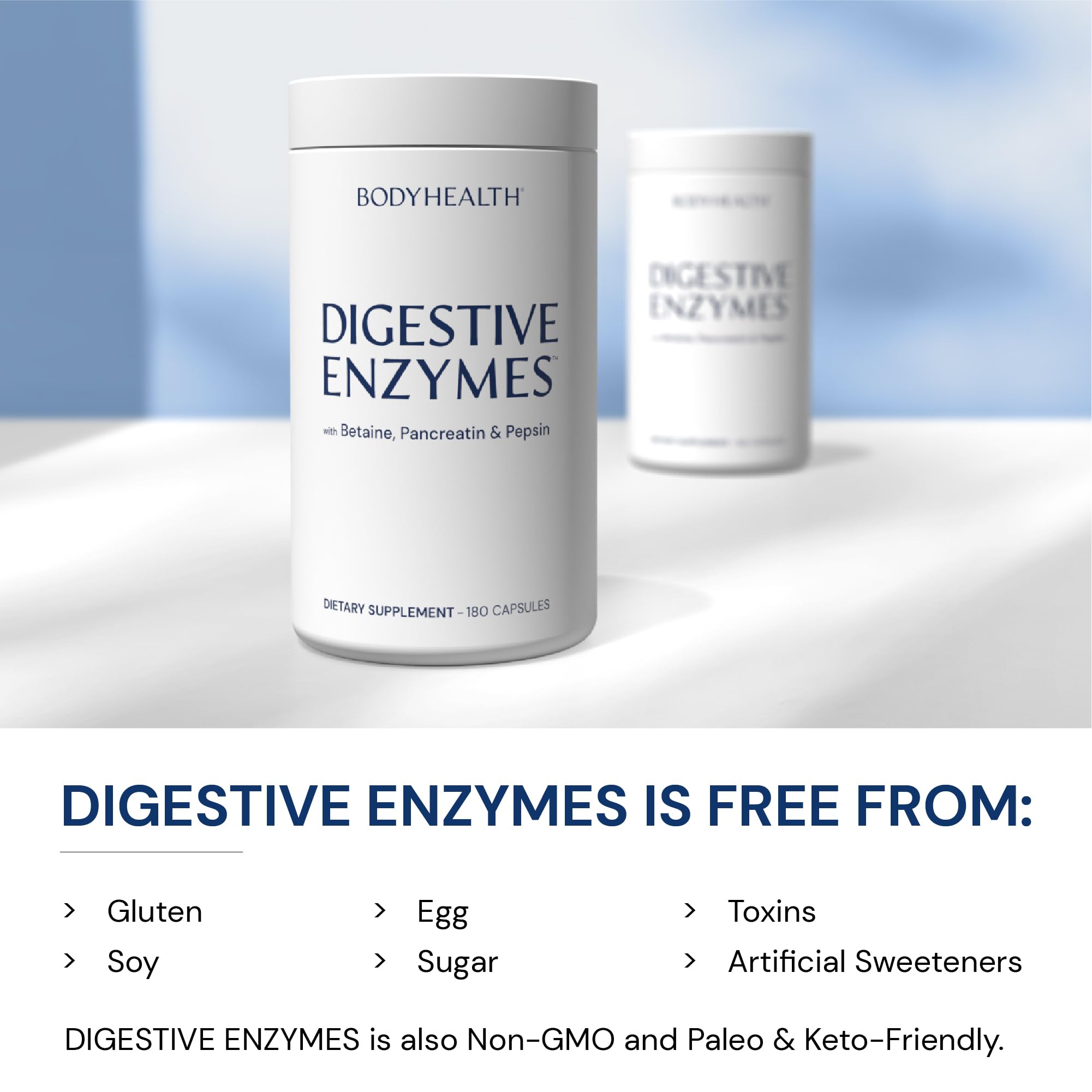 BodyHealth Digestive Enzymes packaging shot emphasizes full spectrum support