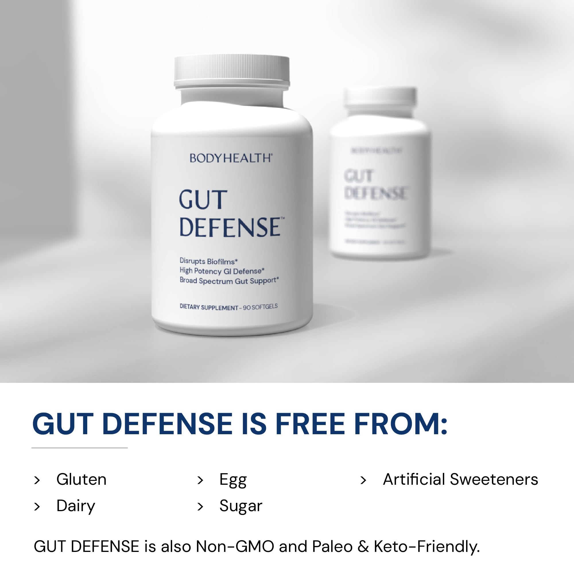 BodyHealth Gut Defense label closeup shows clean ingredients and quality