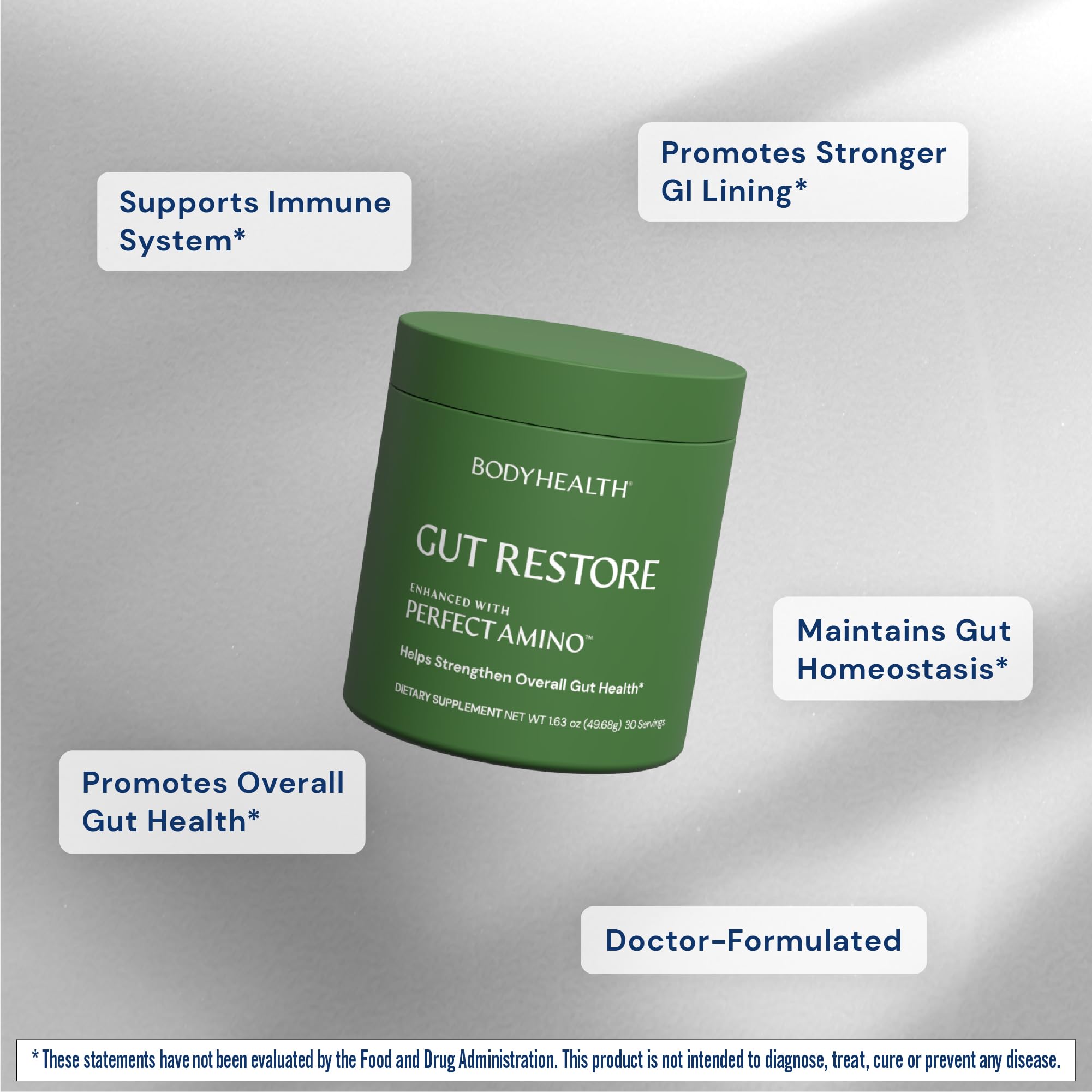 BodyHealth Immunolin powder close-up highlighting gut lining support ingredients.