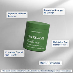 BodyHealth Immunolin powder close-up highlighting gut lining support ingredients.