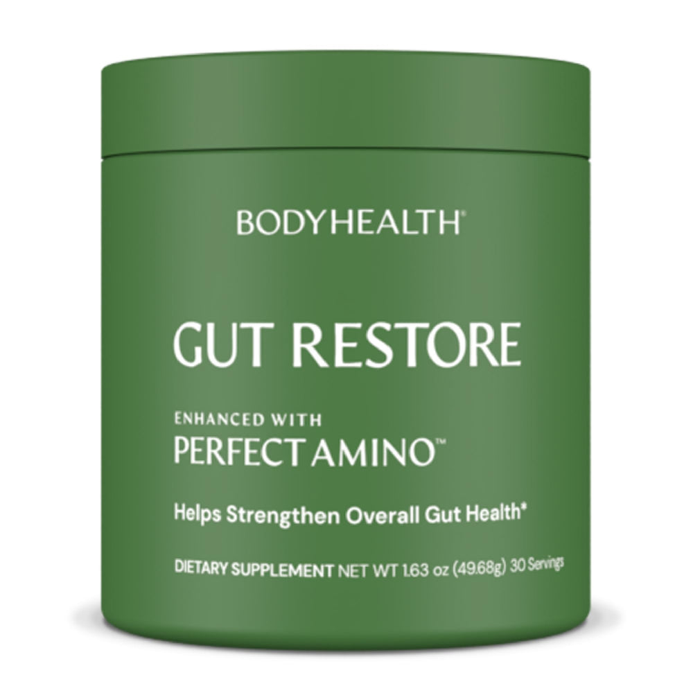 BodyHealth Gut Restore packaging front showing unflavored digestive support formula.