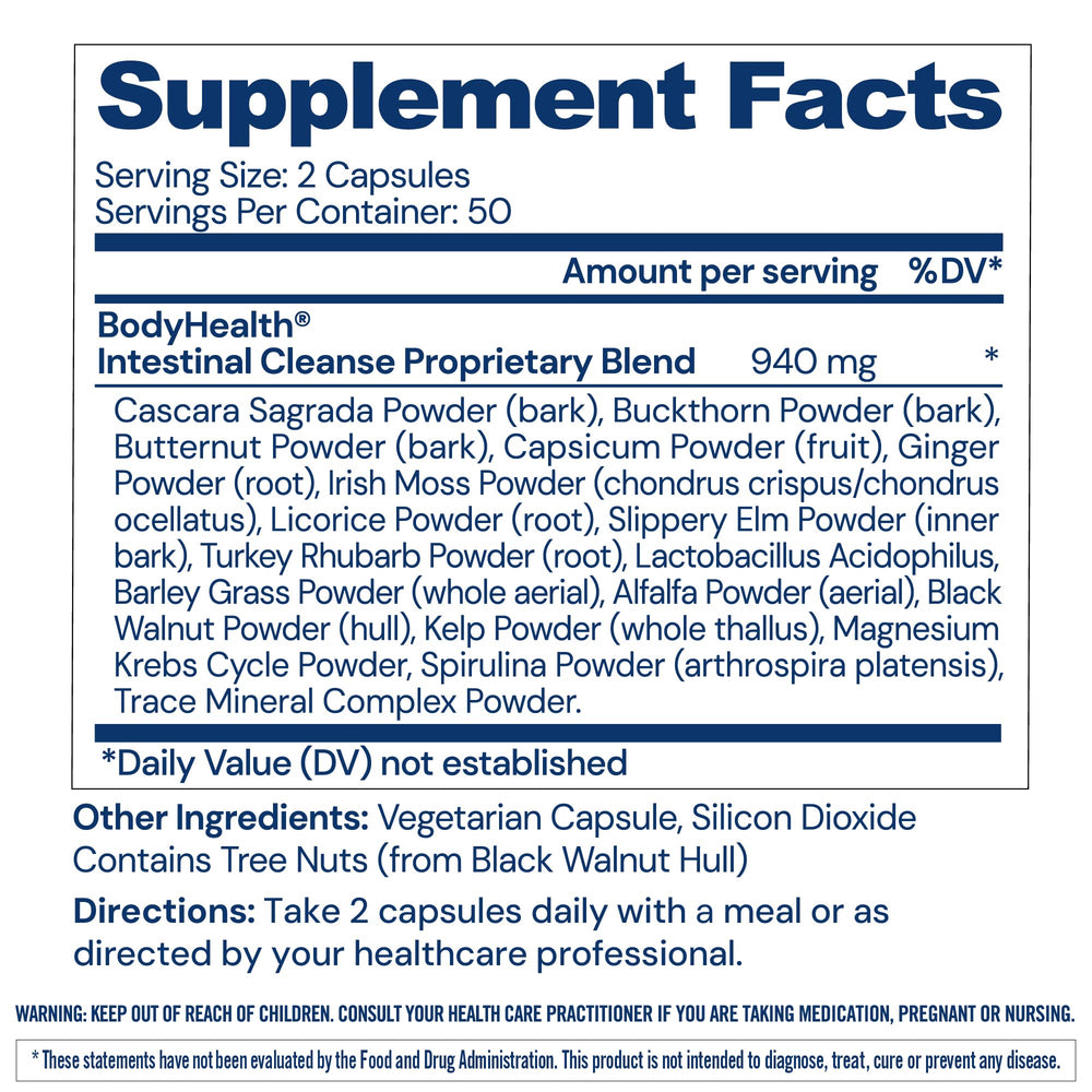 BodyHealth Intestinal Cleanse bottle side view with capsules for daily routine