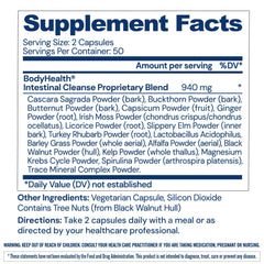 BodyHealth Intestinal Cleanse bottle side view with capsules for daily routine