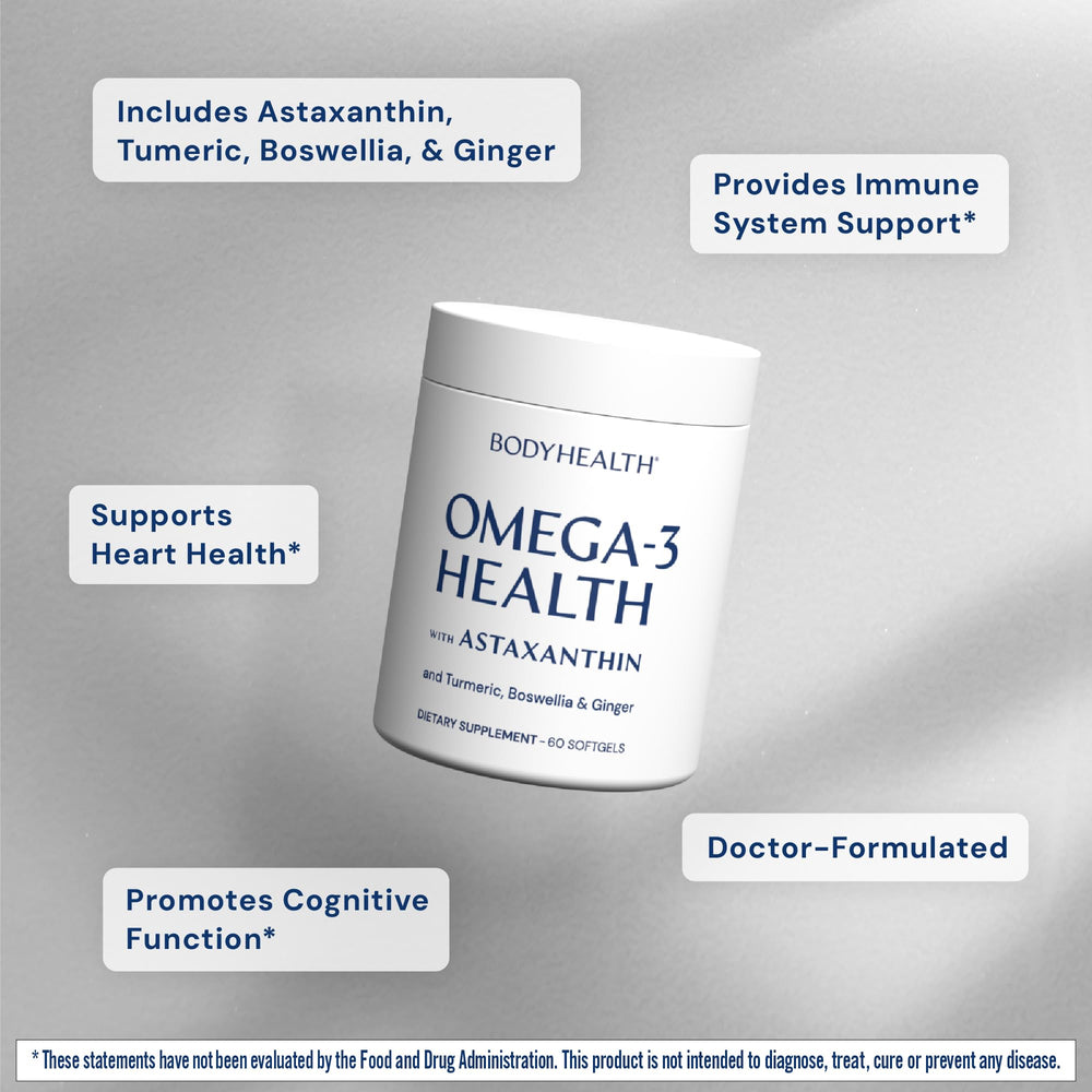 Closeup of BodyHealth Omega3 capsules, easy-to-swallow softgels.