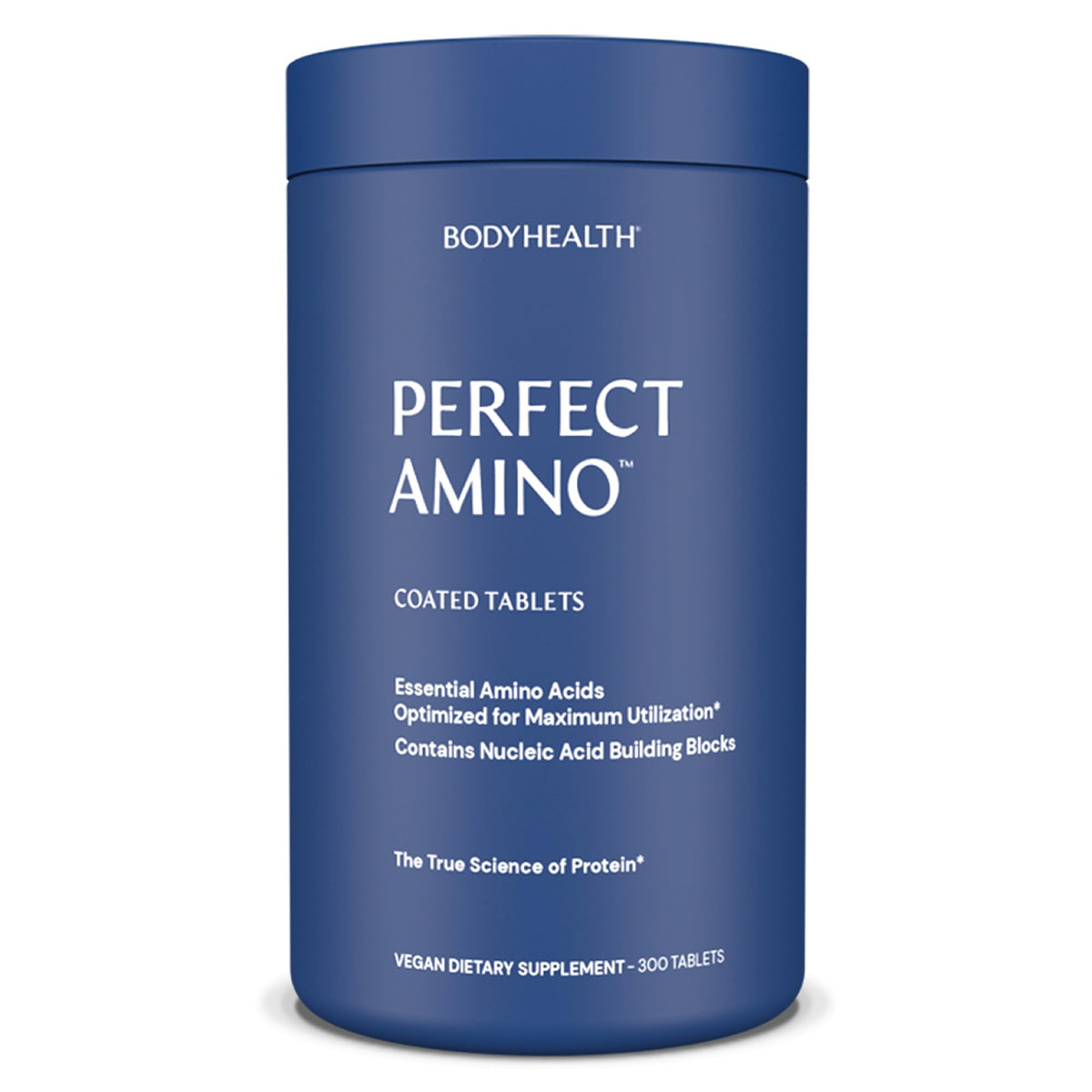BodyHealth PerfectAmino 300ct tablets close-up showing easy-to-swallow formula