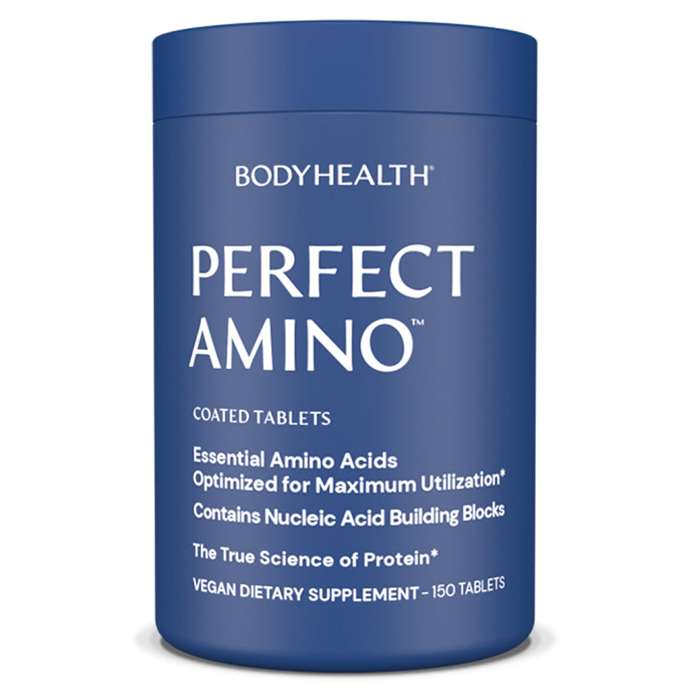 BodyHealth PerfectAmino bottle front showing vegan amino acids for recovery support.