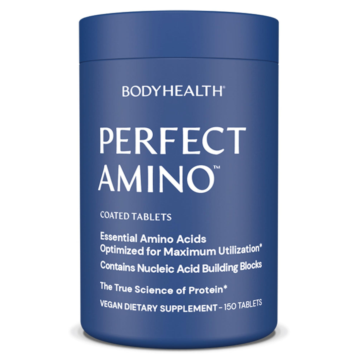 BodyHealth PerfectAmino bottle front showing vegan amino acids for recovery support.