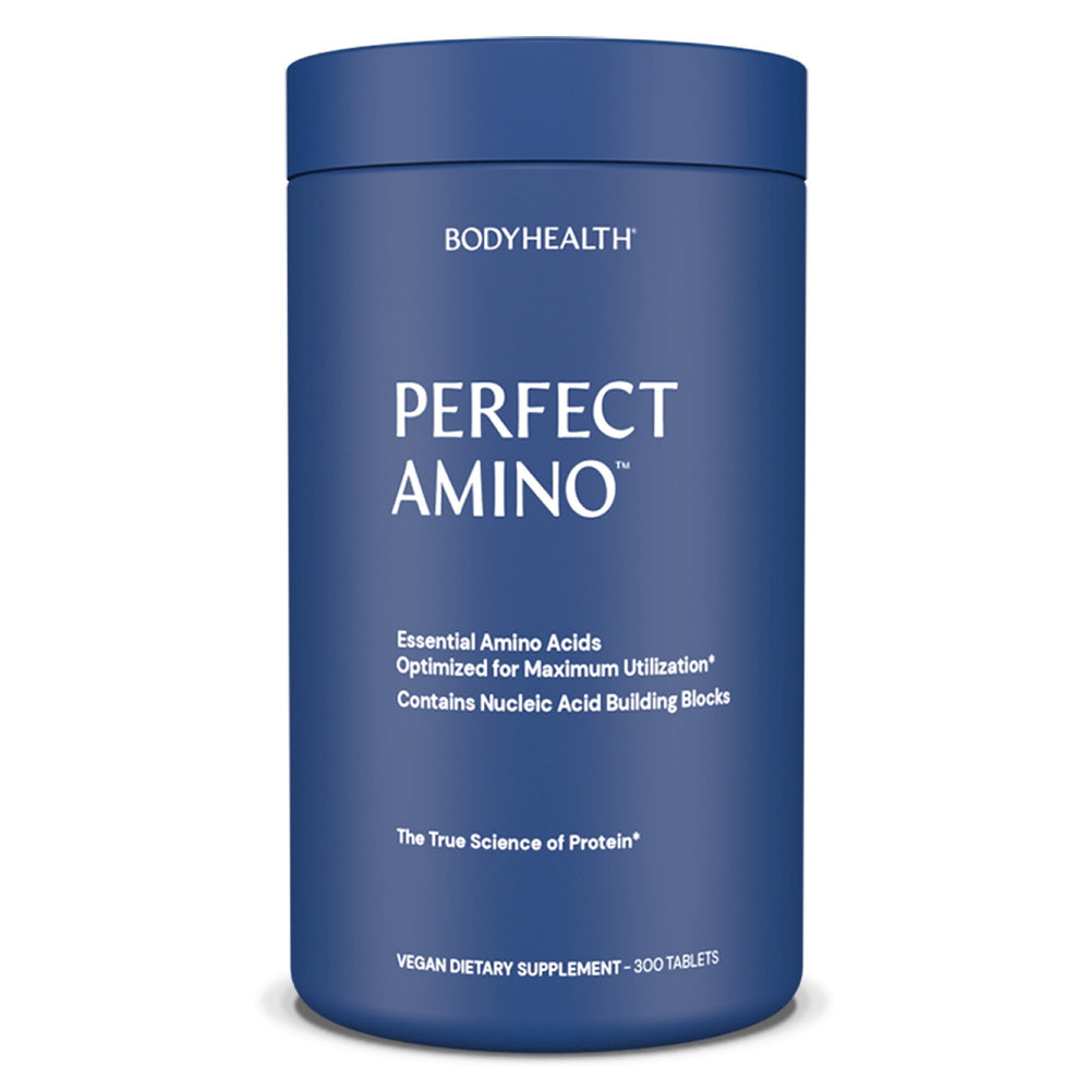 BodyHealth PerfectAmino bottle front showing vegan essential amino acids for recovery