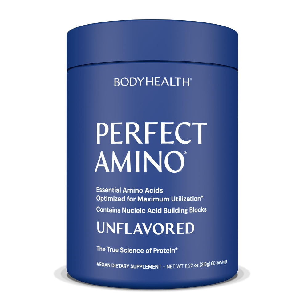 BodyHealth PerfectAmino bottle pours into a glass for a clean pre-workout boost.