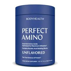 BodyHealth PerfectAmino bottle pours into a glass for a clean pre-workout boost.