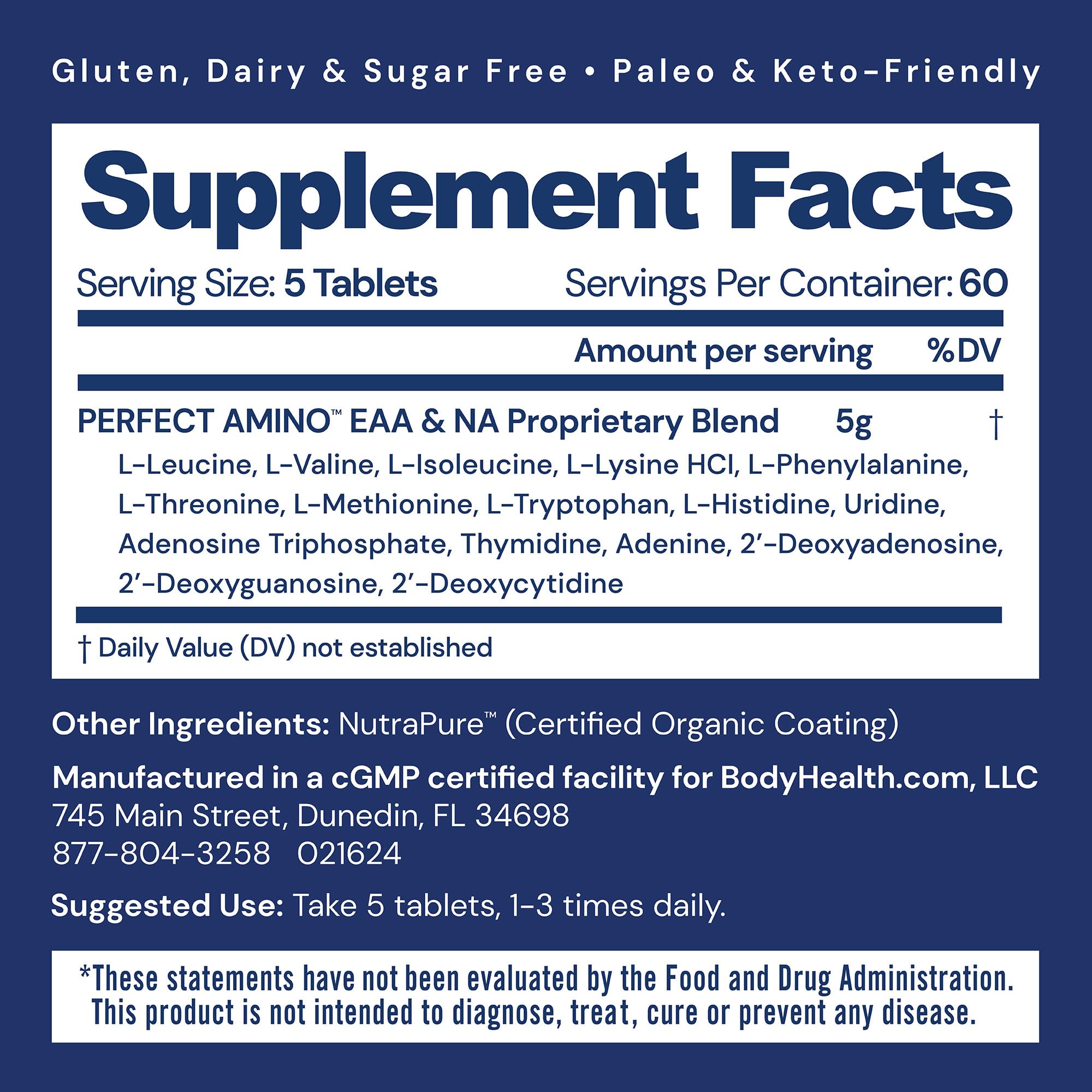 BodyHealth PerfectAmino easy-swallow tablets highlight vegan coating for smooth ingestion