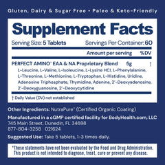 BodyHealth PerfectAmino easy-swallow tablets highlight vegan coating for smooth ingestion