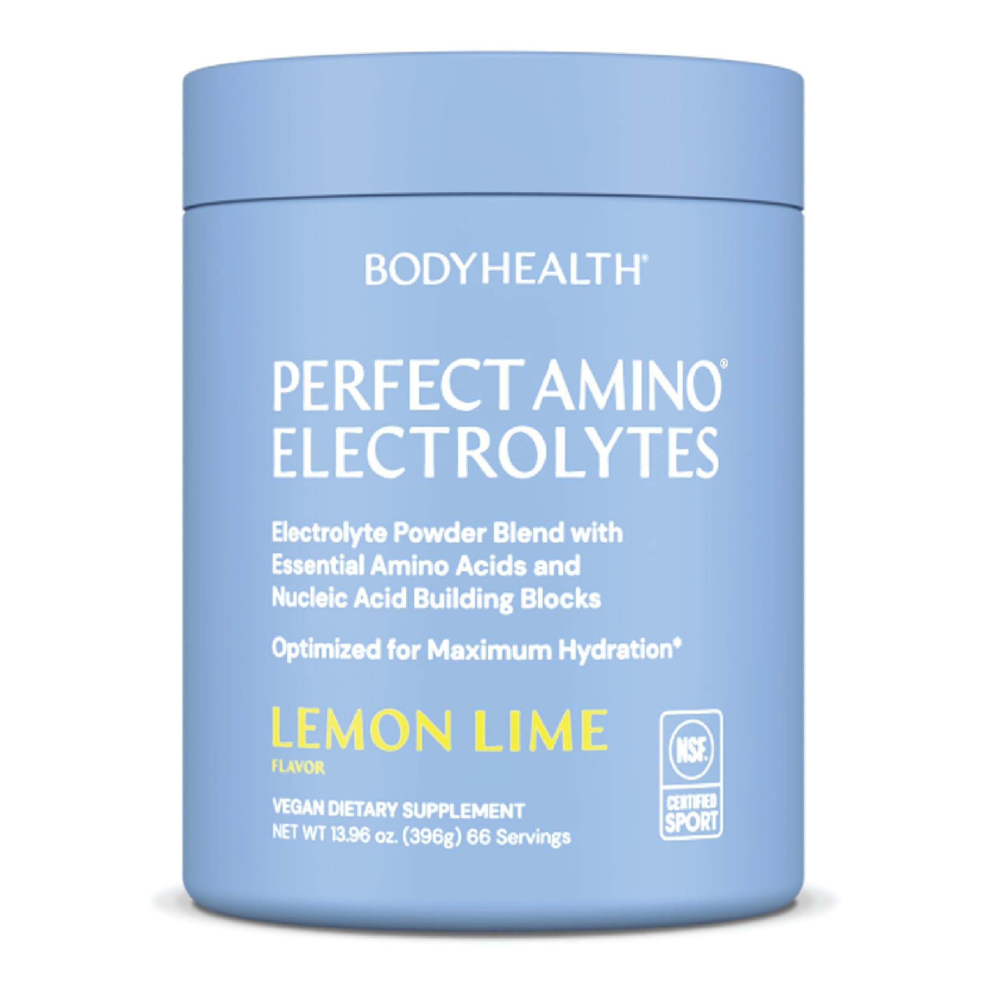 BodyHealth PerfectAmino Electrolytes powder in Lemon Lime for long-lasting hydration during workouts.