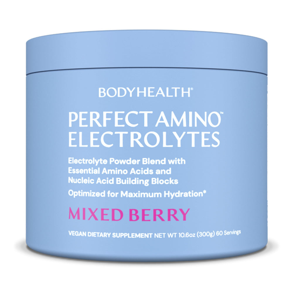 BodyHealth PerfectAmino Electrolytes Mixed Berry bottle for long-lasting hydration during workouts.