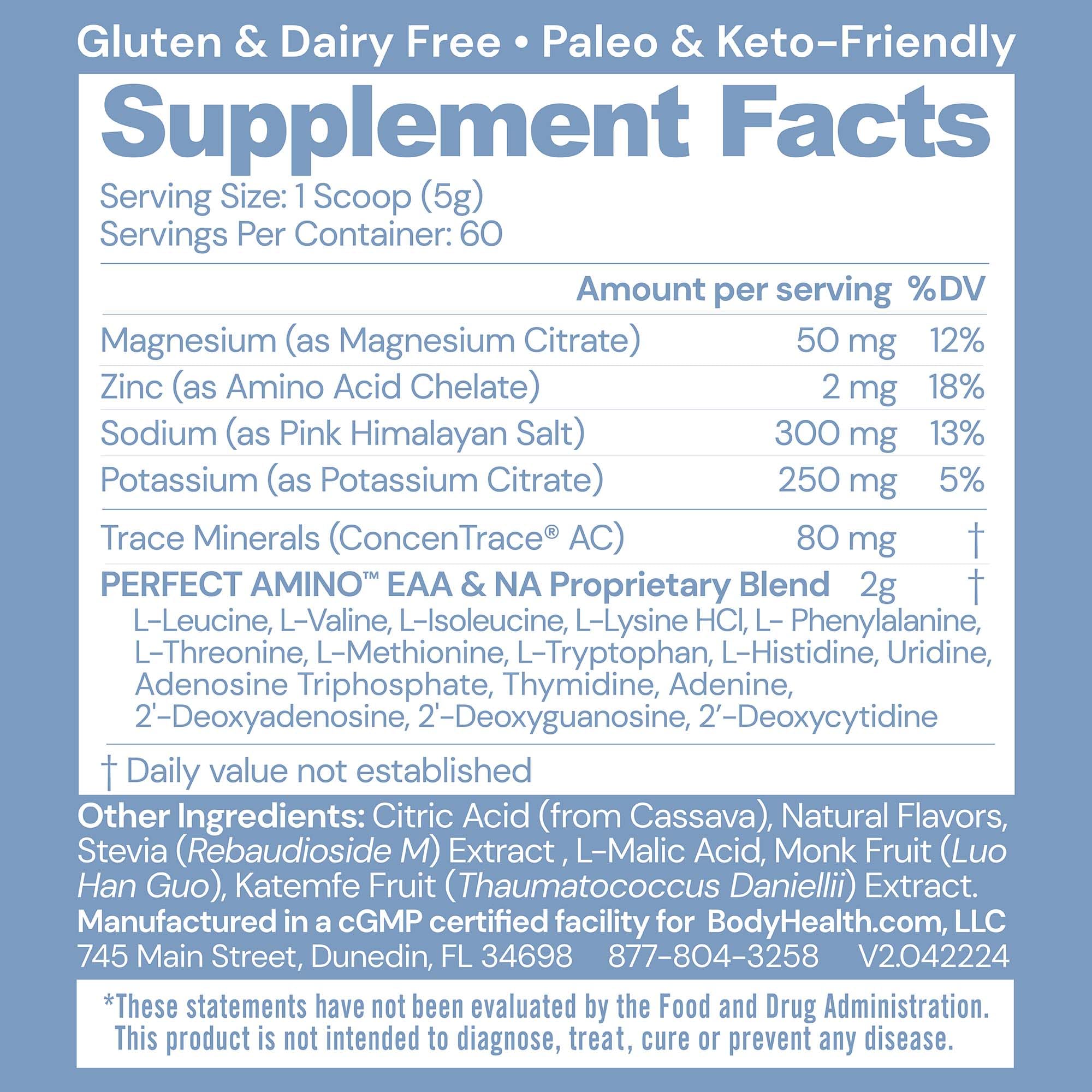 BodyHealth PerfectAmino Electrolytes Mixed Berry scoop ready to mix for quick hydration.