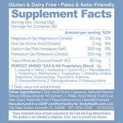 BodyHealth PerfectAmino Electrolytes Mixed Berry scoop ready to mix for quick hydration.