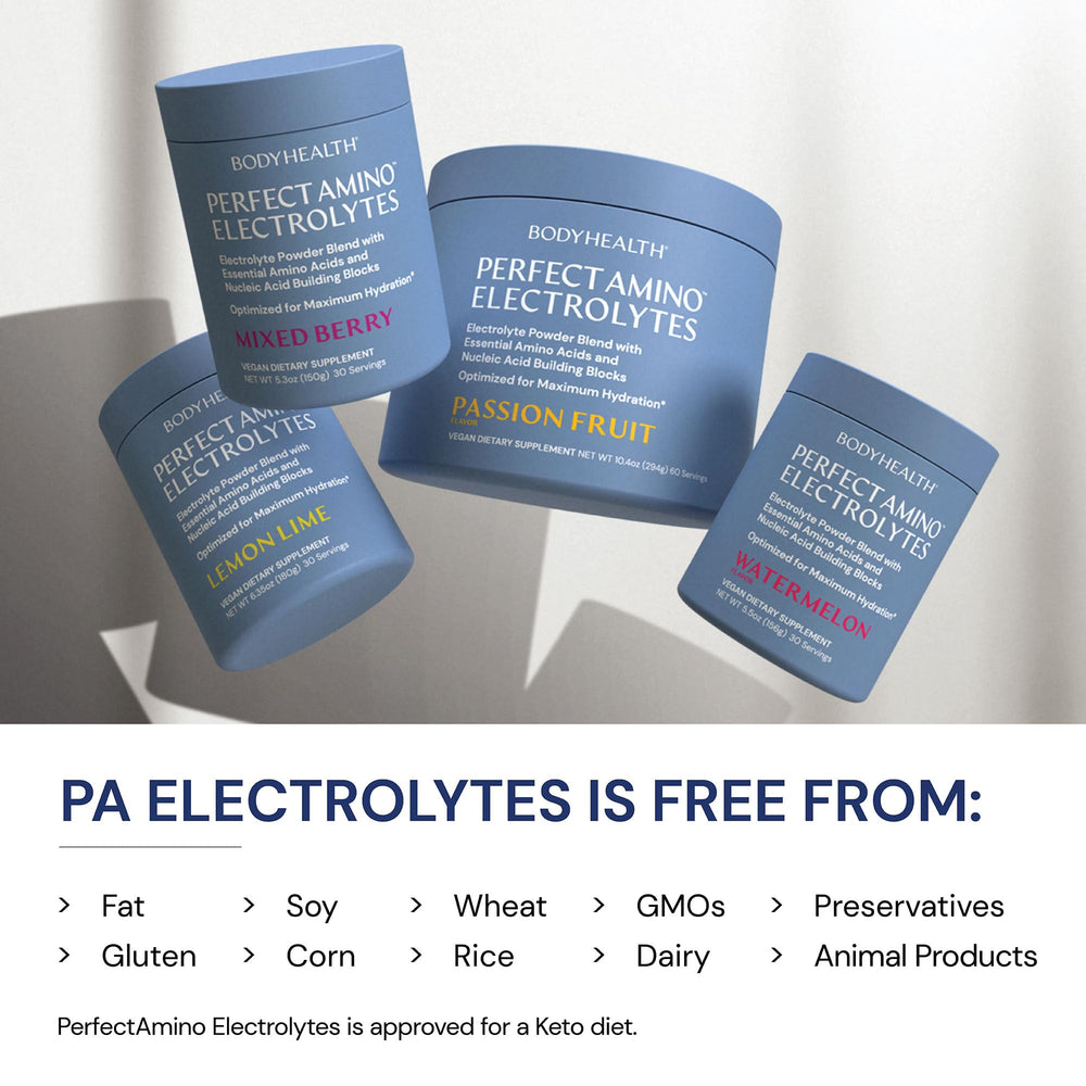 BodyHealth PerfectAmino Electrolytes Mixed Berry stirring cup captures tasty hydration.