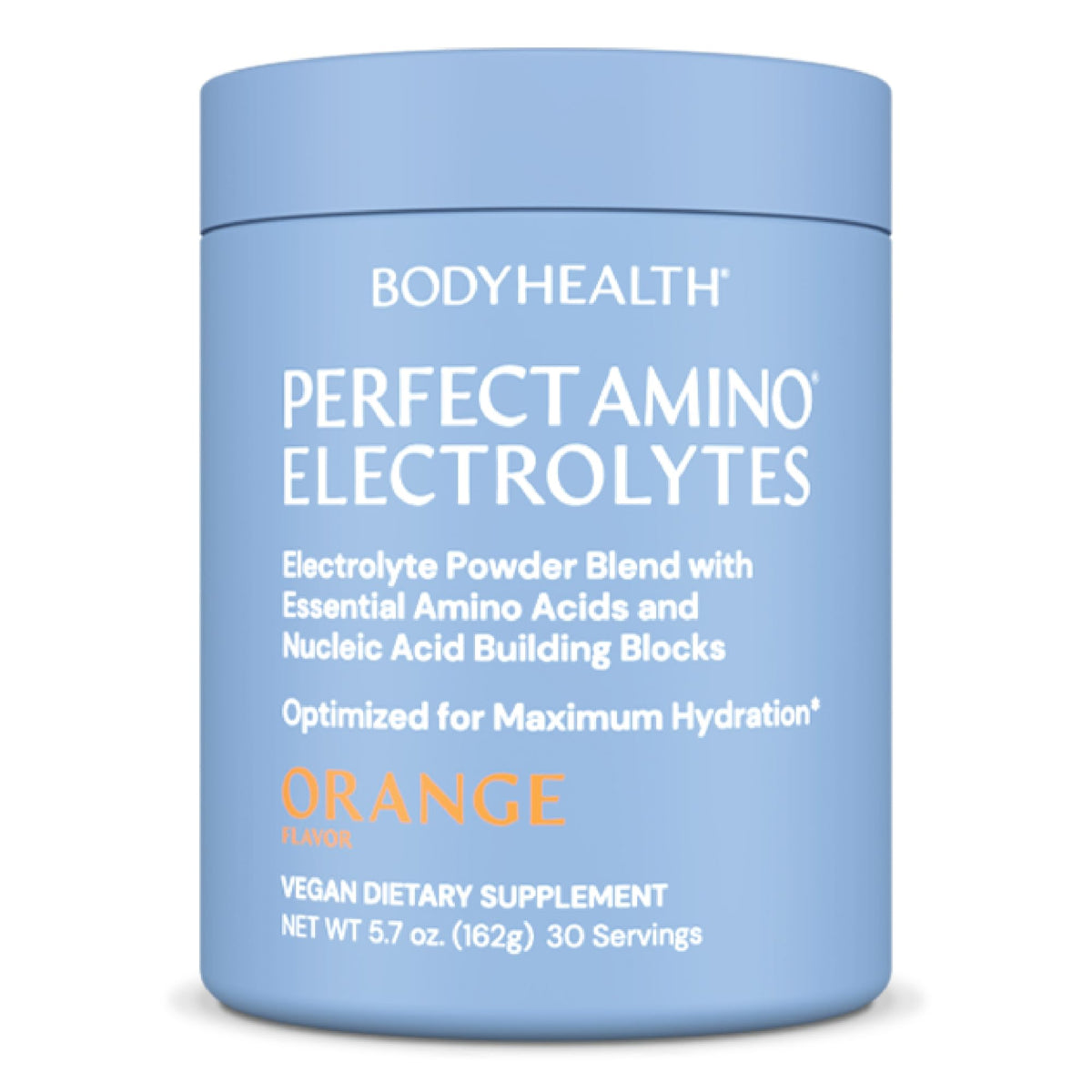 BodyHealth PerfectAmino Electrolytes orange bottle pour supports long-lasting hydration.
