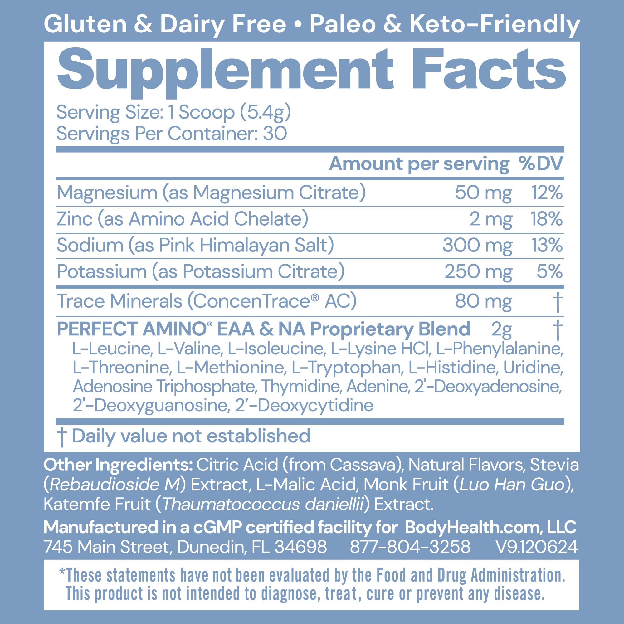 BodyHealth PerfectAmino Electrolytes orange drink glass shows refreshing, sugar-free hydration.
