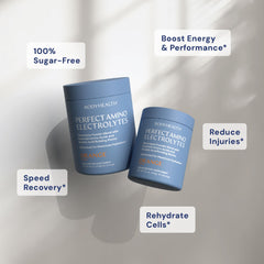 BodyHealth PerfectAmino Electrolytes orange packaging emphasizes keto-friendly electrolyte mix.