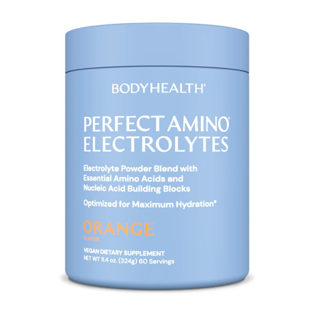 BodyHealth PerfectAmino Electrolytes orange tub ready for daily hydration