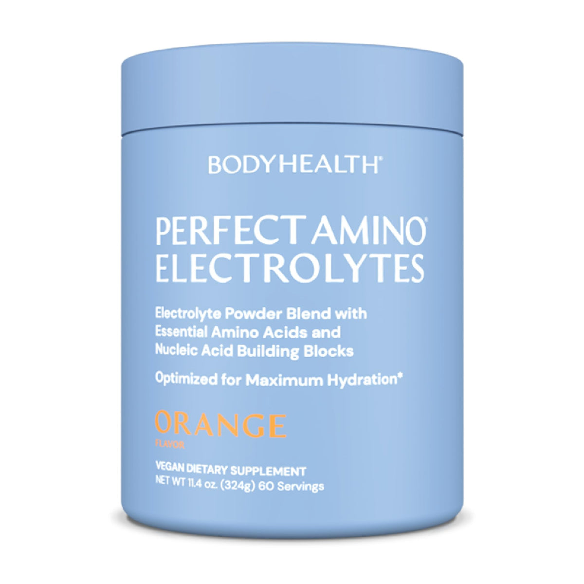 BodyHealth PerfectAmino Electrolytes orange tub ready for daily hydration