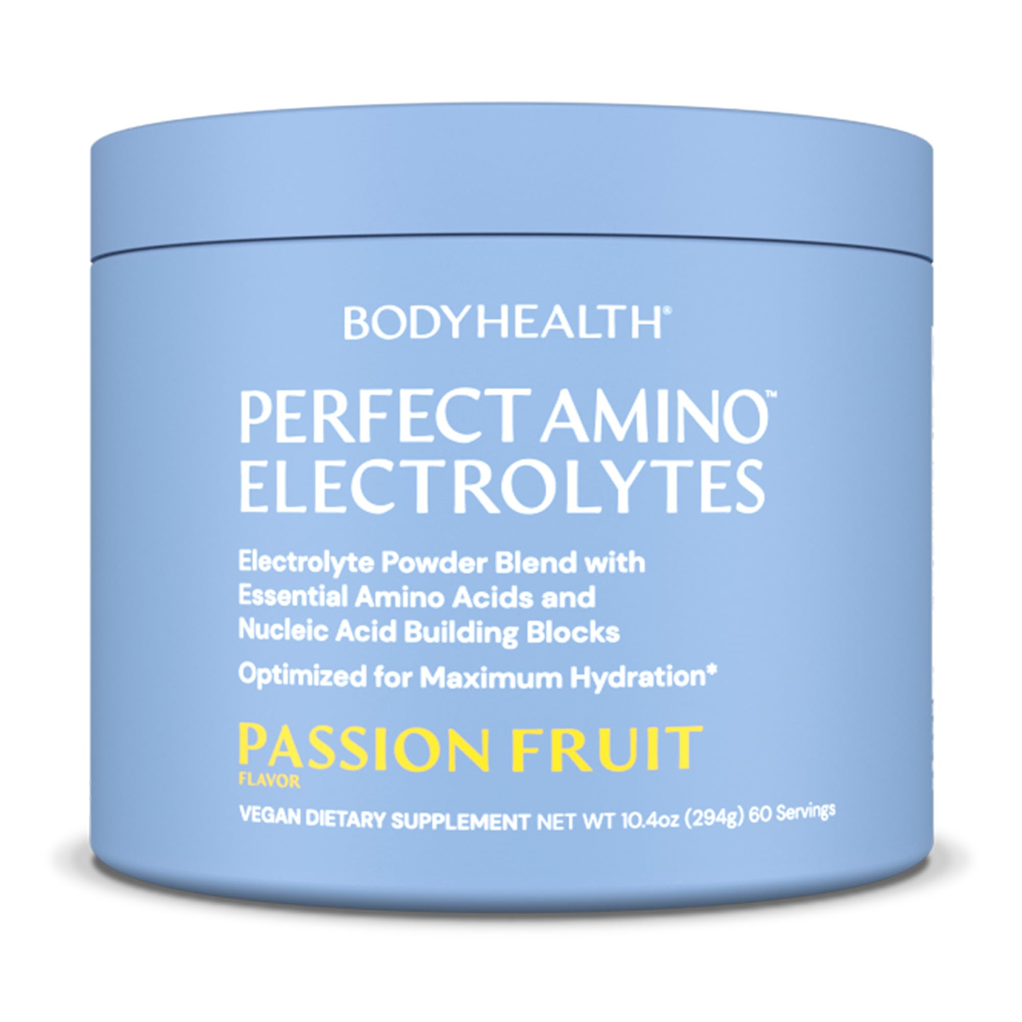 BodyHealth PerfectAmino Electrolytes Passion Fruit bottle for on-the-go hydration.