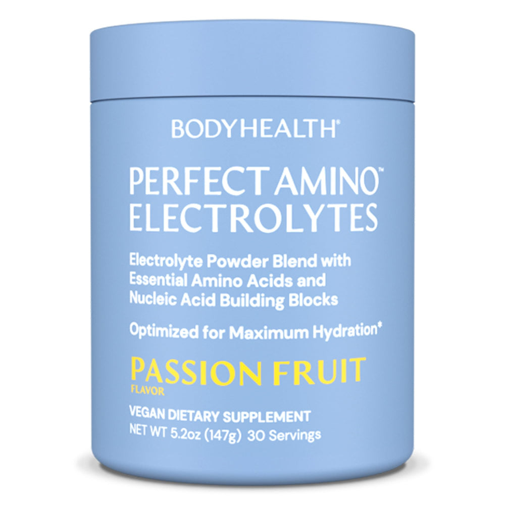 BodyHealth PerfectAmino Electrolytes bottle with Passion Fruit flavor for on-the-go hydration.