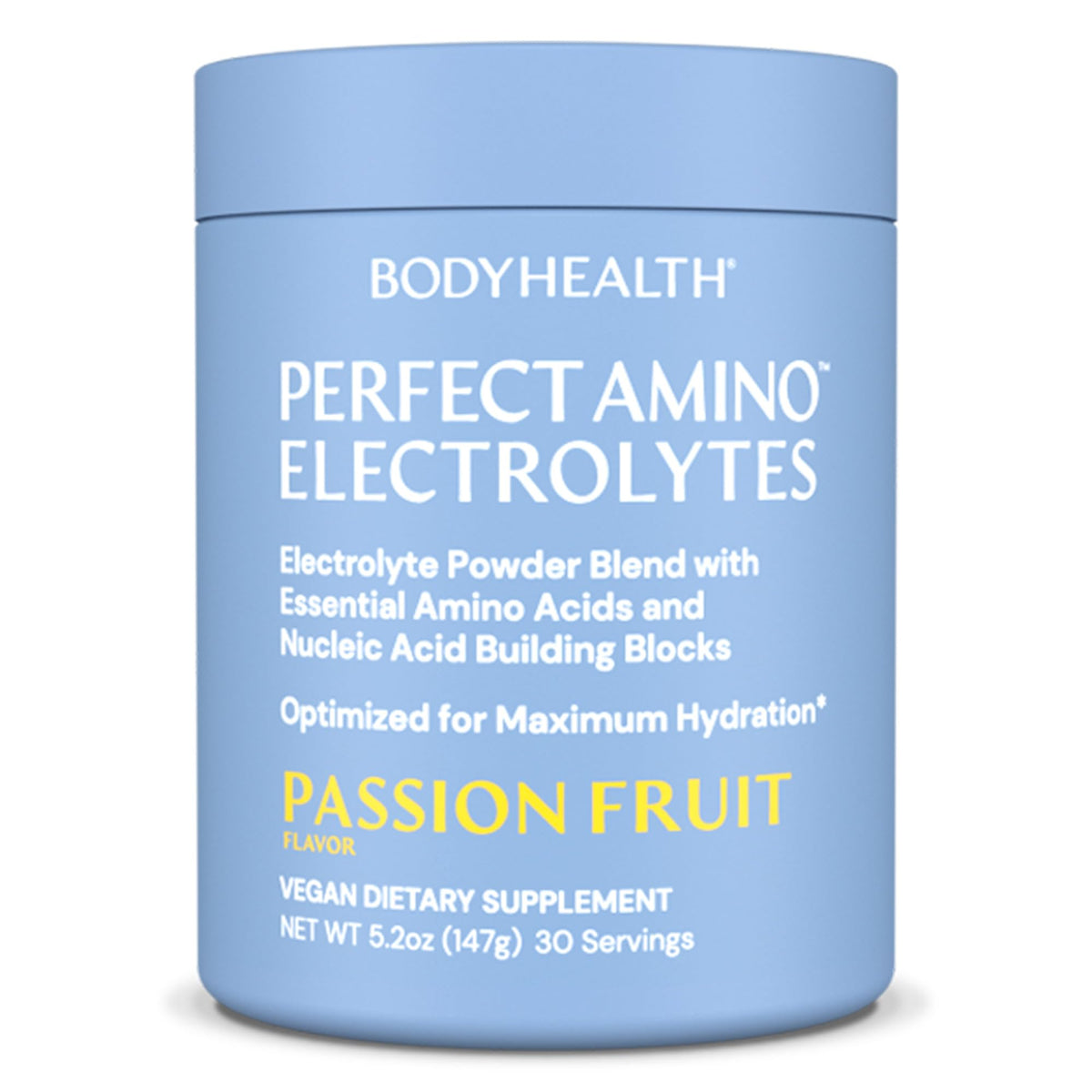 BodyHealth PerfectAmino Electrolytes bottle with Passion Fruit flavor for on-the-go hydration.