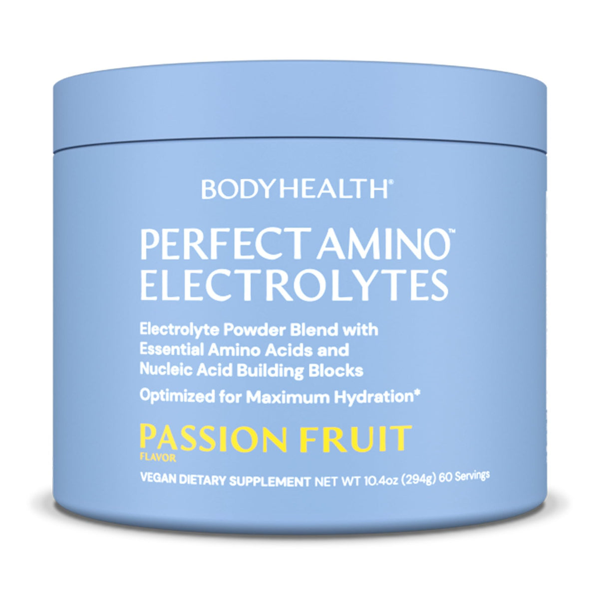 BodyHealth PerfectAmino Electrolytes Passion Fruit bottle for on-the-go hydration.