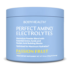 BodyHealth PerfectAmino Electrolytes Passion Fruit bottle for on-the-go hydration.