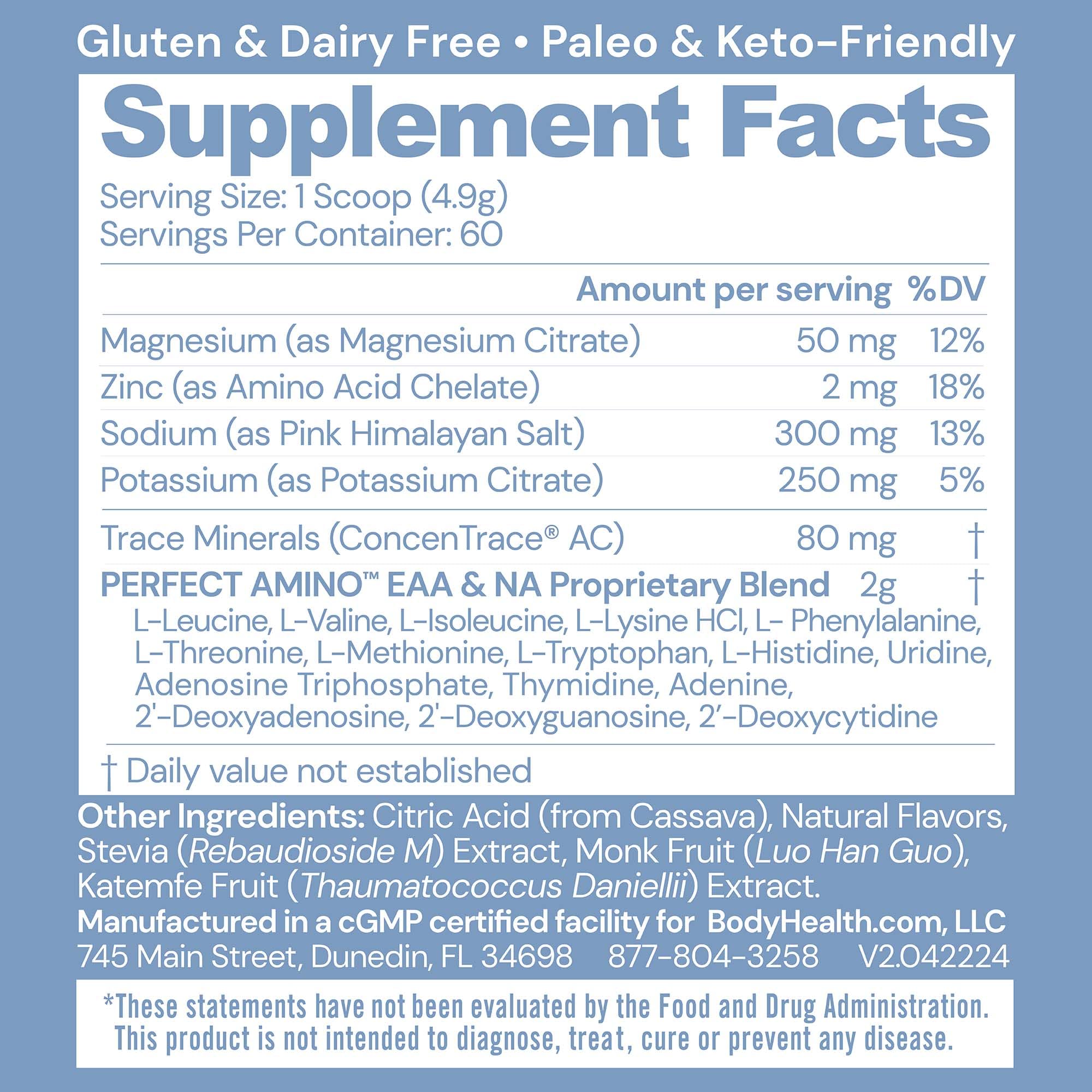 BodyHealth PerfectAmino Electrolytes glass ready-to-drink mix for workouts.