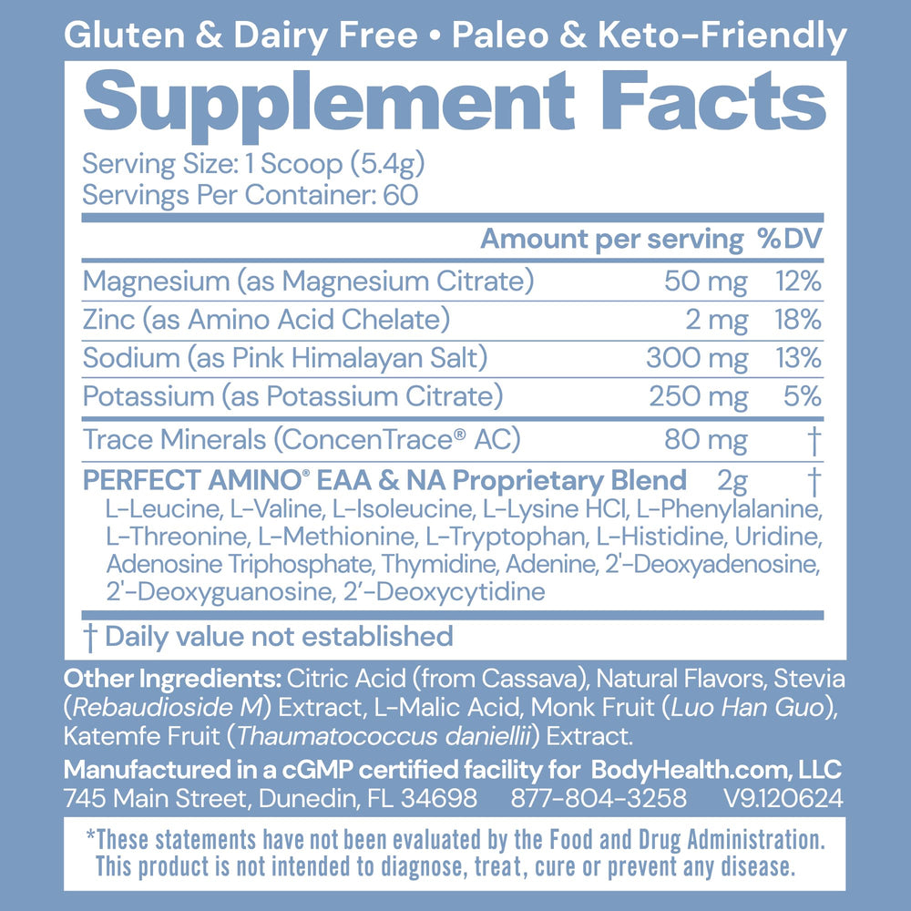 BodyHealth PerfectAmino Electrolytes powder dissolving quickly in water