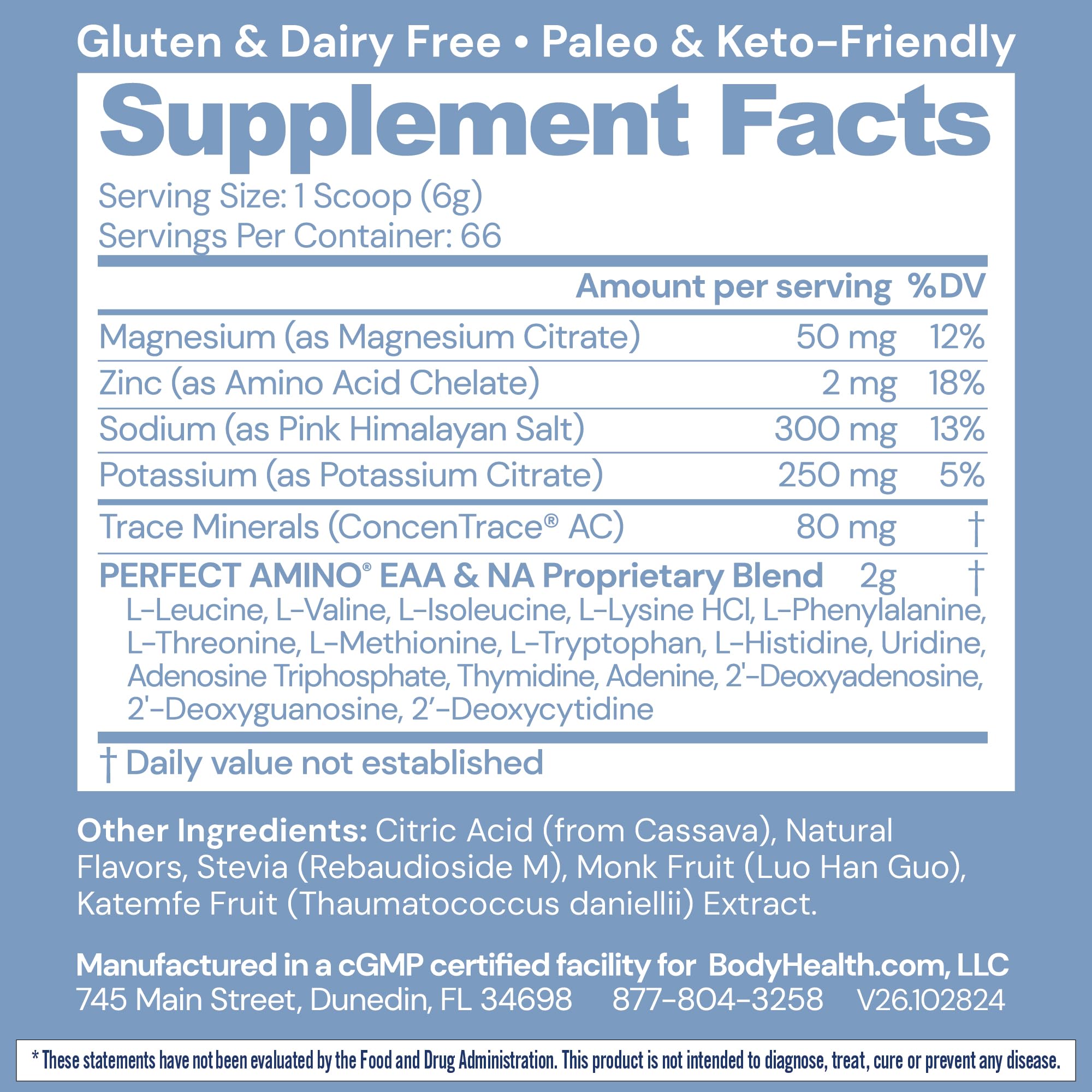 BodyHealth PerfectAmino Electrolytes tub on shelf showcasing sugar-free, keto-friendly hydration.