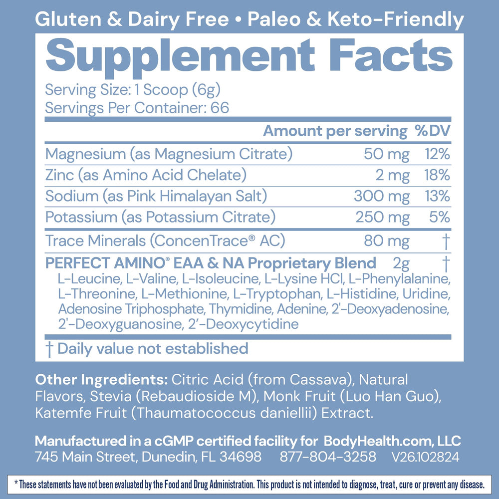 BodyHealth PerfectAmino Electrolytes tub on shelf showcasing sugar-free, keto-friendly hydration.
