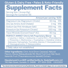 BodyHealth PerfectAmino Electrolytes tub on shelf showcasing sugar-free, keto-friendly hydration.