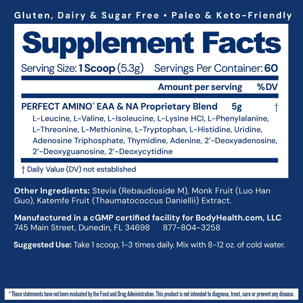 BodyHealth PerfectAmino powder in a glass mixed for recovery after training.