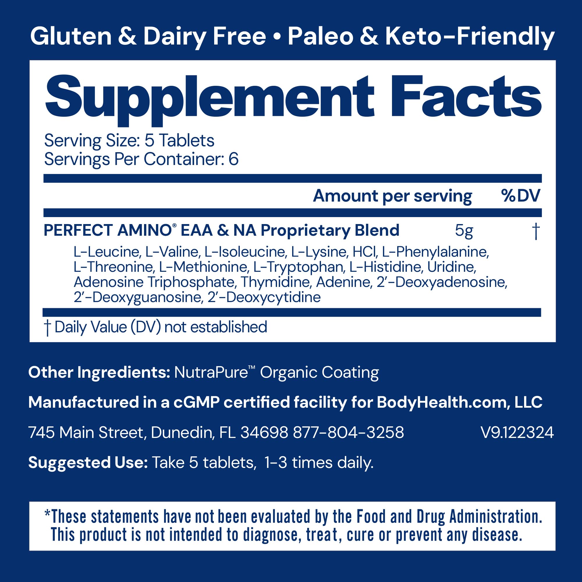 BodyHealth PerfectAmino label nutrition facts panel emphasizes amino acid profile.