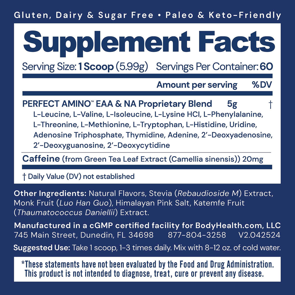 BodyHealth PerfectAmino Mocha scoop shows easy mixing for lean muscle support.