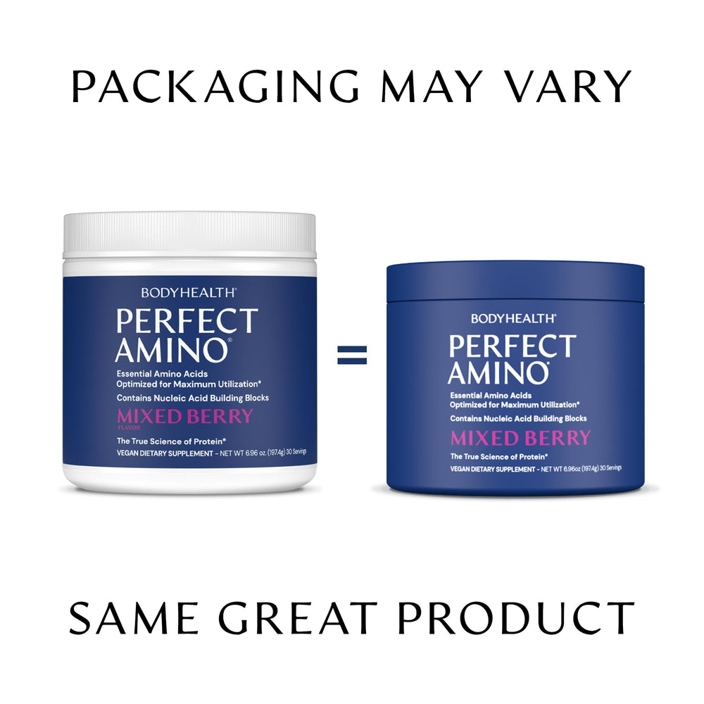 BodyHealth PerfectAmino nutrition panel highlights keto friendly sugar free formula.