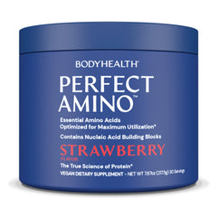 BodyHealth PerfectAmino Powder bottle front with strawberry flavor for post-workout recovery.